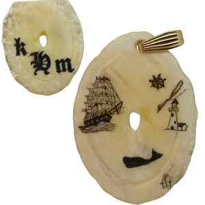 VINTAGE Scrimshaw Pendant Whaling Ship Lighthouse Whale Mens Unisex